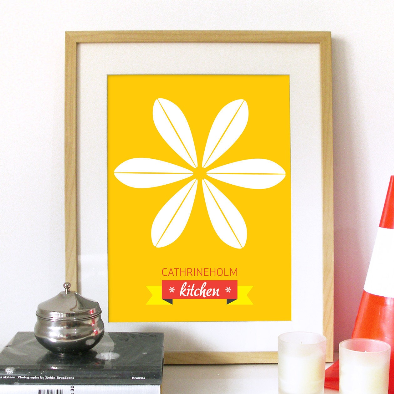 Mid Century Cathrineholm modern Art Poster illustration Flower inspired in Cathrineholm plates in Yellow - A3 poster size - mid century