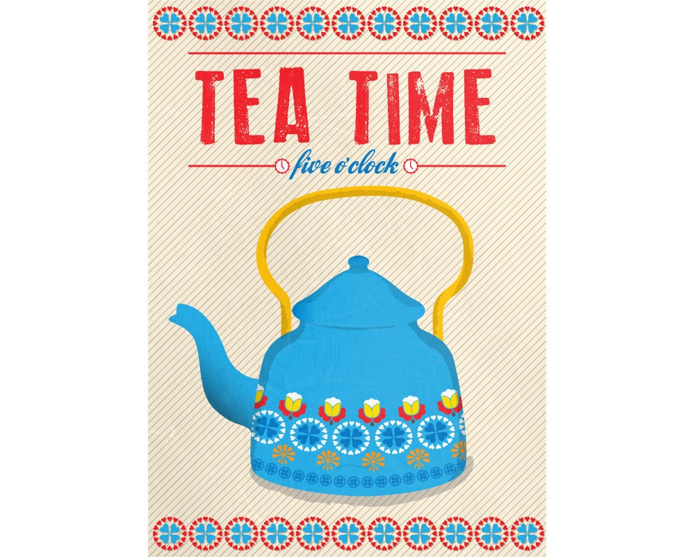Art for Kitchen Word Print Illustration Poster in Blue - Tea Time - A3 poster print - Vintage Mid Century design
