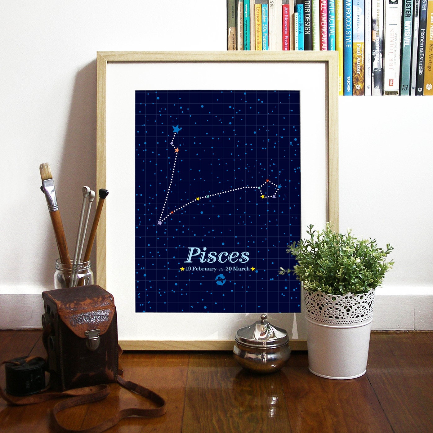 ZODIAC Pisces Constellation Art Poster Print  in the deep blue sky - Pisces Constellation drawn by STARS - A3 poster print constellation art
