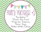 Party Package 5 - Invitation, Thank You Cards, Cupcake Toppers, Water Bottle Labels and Favor Tags