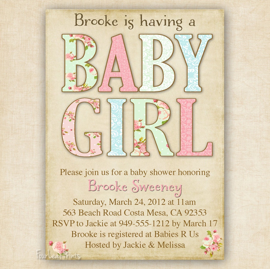 Shabby Chic Baby Girl Shower Invitation - Printable - DIY - 4x6 or 5x7