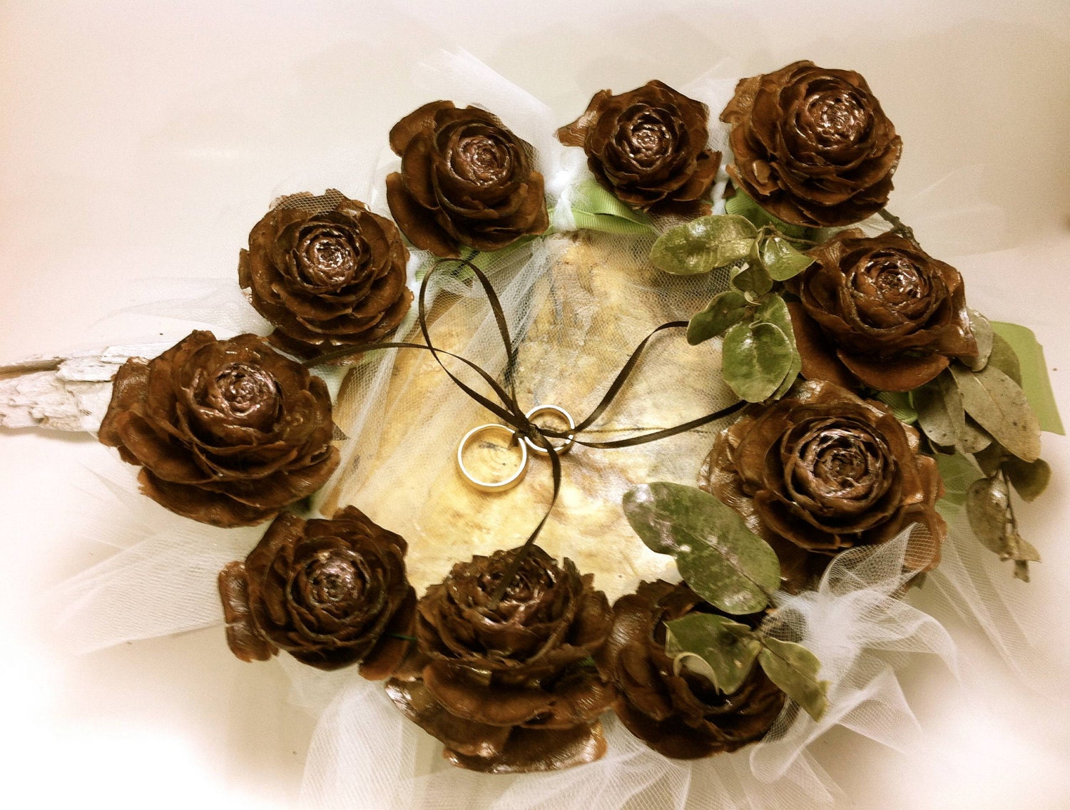 Rustic wedding ring bearer pillow fall forest country pine cone ring holder