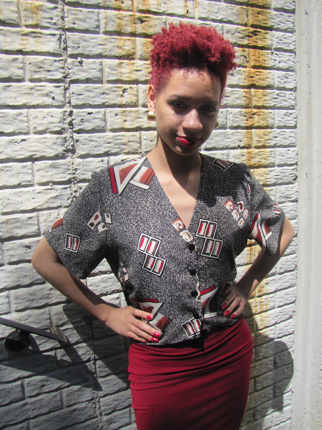 Vintage 80s Reconstructed Hig-Low Tribal Print V-Neck Buttoned Blouse