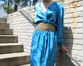 Vintage 70s Blue Silky Wrap V-Neck Dress