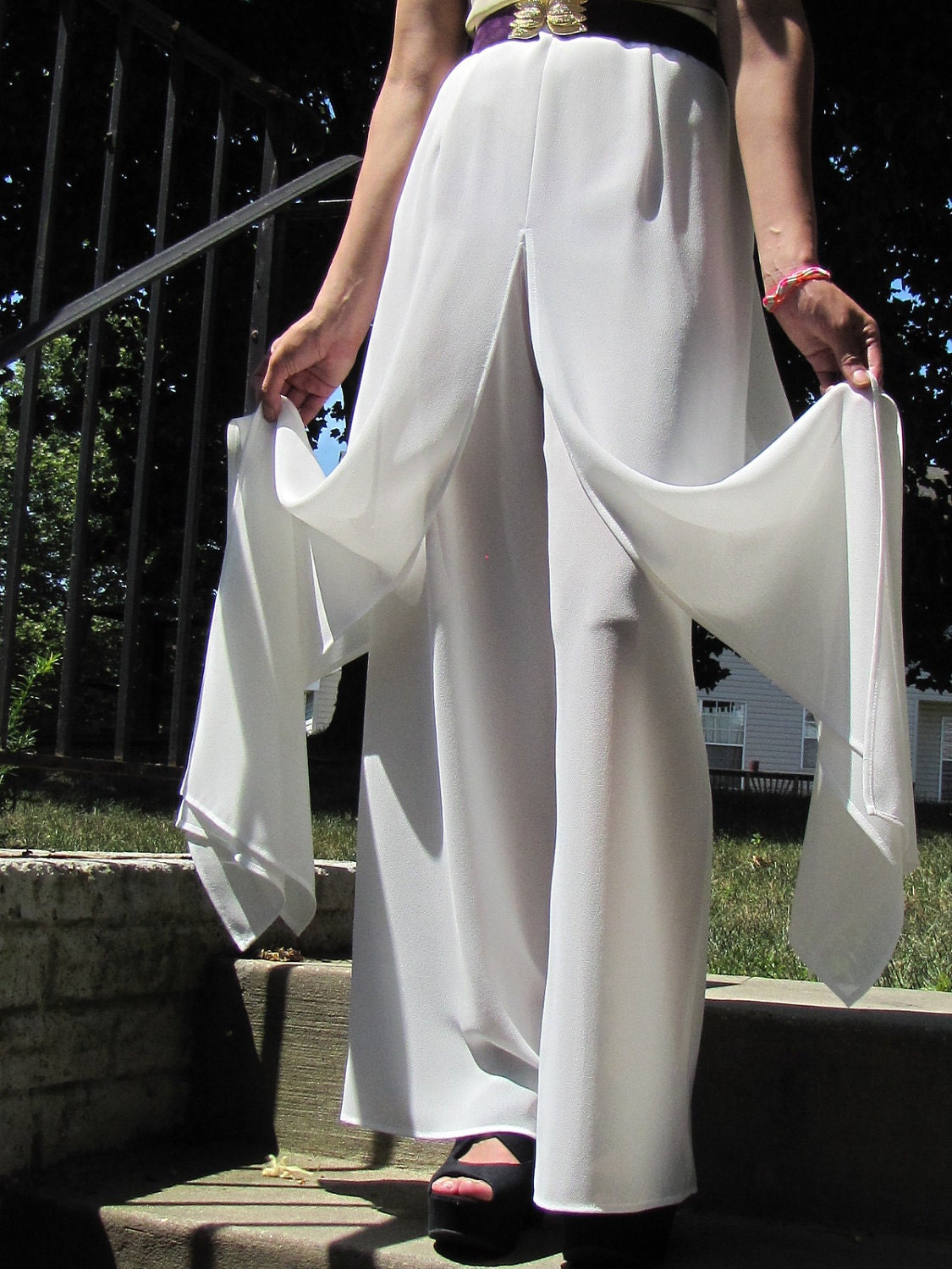 Vintage 90s White Flowy Chiffon Overlay Trousers