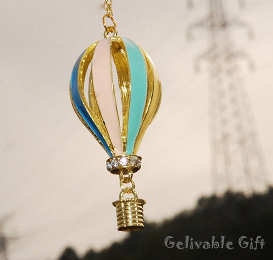 Hot Air Fire Balloon Necklace, with Golden Chain and Pink Bowtie NFB01