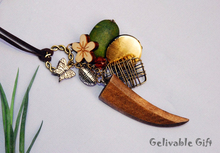 Steampunk horn-type wood necklace with flower,butterfly,Bird Nest,oval metal and silver bead NW01