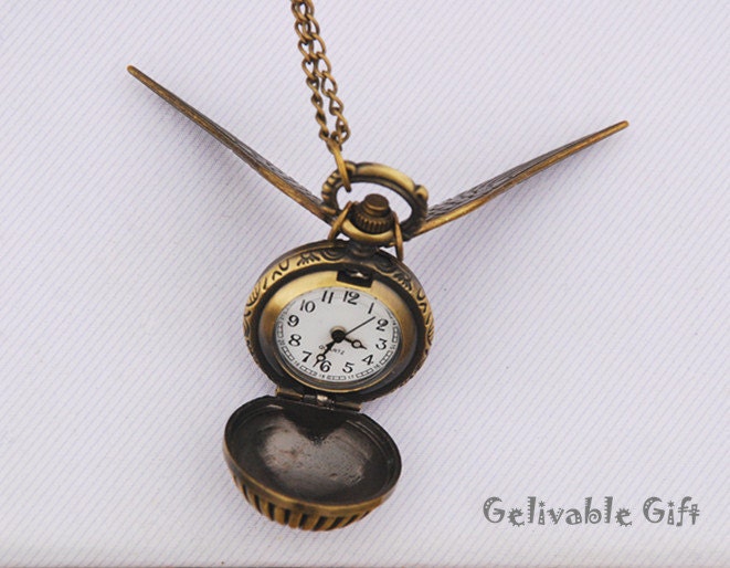 SALE-Harry Potter Golden Snitch Watch Necklace, with Golden double side wings NWH03