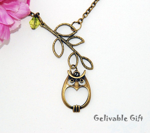 Night Owl and Branch Leaf  Lariat Necklace Antique Brass with light green crystal NLO02