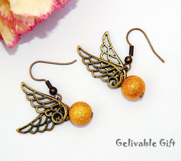 Harry Potter Golden Snitch earrings with antique brass hollow-out  wings EH02