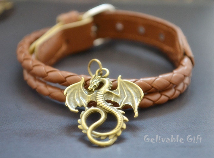 Steampunk Chinese Dragon bracelet,with leather chain harry potter Goblet of Fire bracelet BDR01
