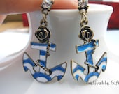 Sailor anchor earrings,Blue and white anchor with rose of  Titanic EA01