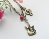 Music necklace,antique brass guitar,music note and red bead pendant  necklace NGT02