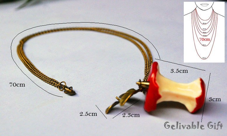Red Apple Steampunk Necklace Half Eaten With antique brass leaf NA01L