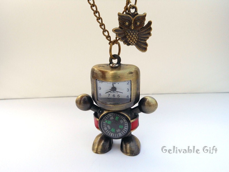 Antique brass  robot compass pocket watch necklace,with owl pendant NWR01
