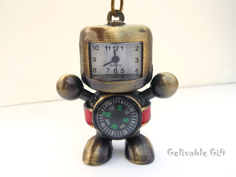 Antique brass  robot compass pocket watch necklace,with owl pendant NWR01
