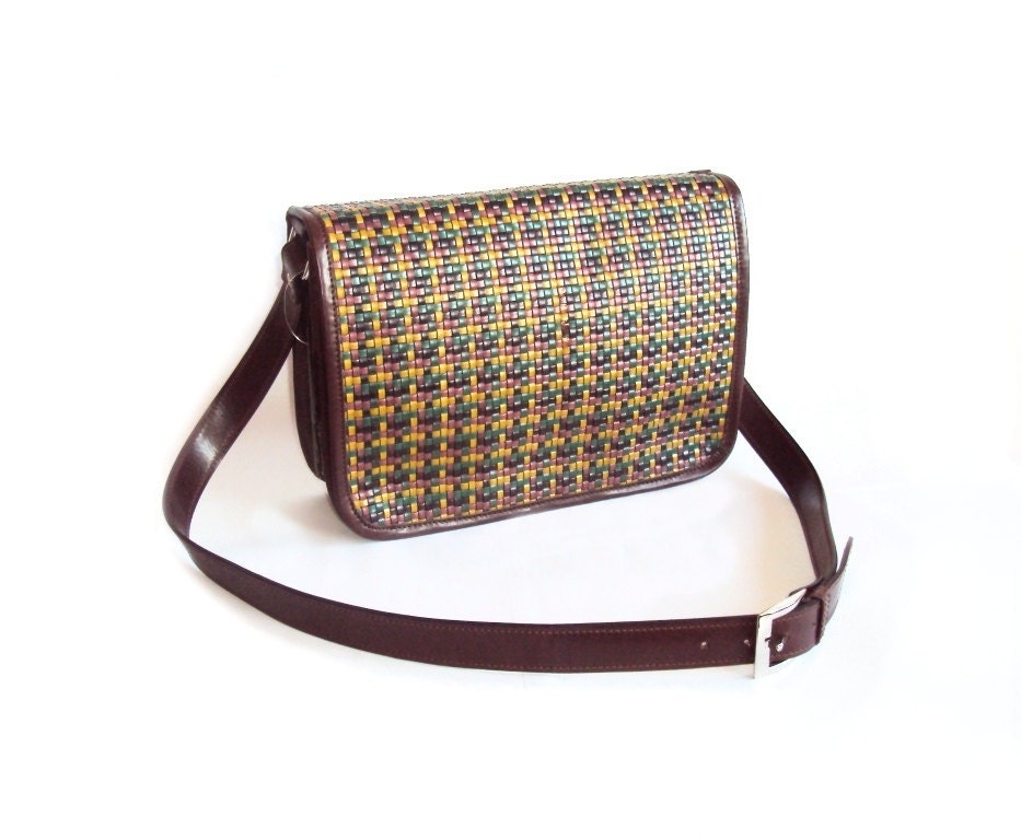 SALE - Brown Leather Messenger Bag Cross Body Brown Colorful Bag Woven Leather bag Autumn bag
