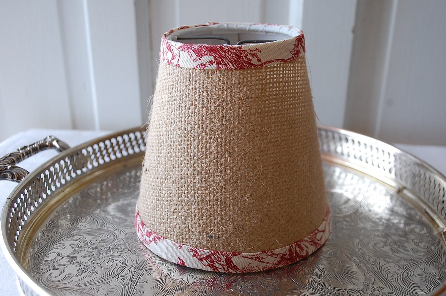 Chandelier Lampshade red and and White Toile  Natural Burlap Chandelier Shade