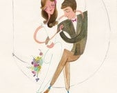 On the Moon - Custom Wedding Portrait Original Illustration - Unframed 8"x10"