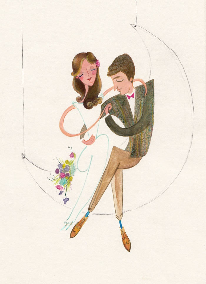 On the Moon - Custom Wedding Portrait Original Illustration - Unframed 8"x10"