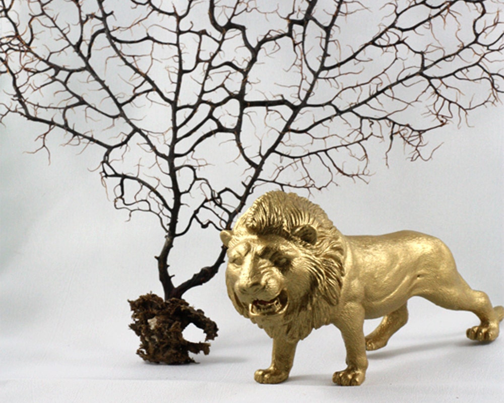 Large Lion Figurine painted Gold - perfect for a bookcase - desktop - or shelf