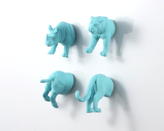 Safari Animal Magnet Set - 4 piece set -  Matte Blue Rhino and Tiger Magnets - teen gift