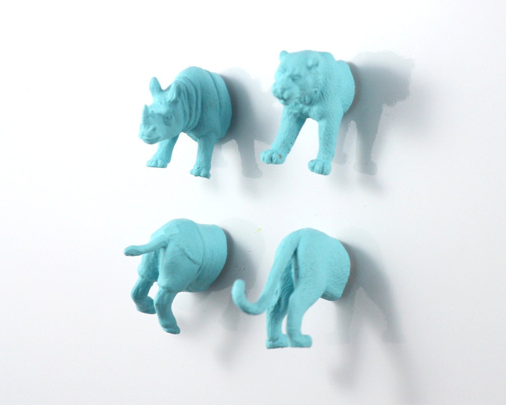 Safari Animal Magnet Set - 4 piece set -  Matte Blue Rhino and Tiger Magnets - teen gift