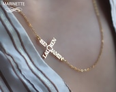 Sideways name cross necklace - personalized with names - 18K gold plated sterling silver - Expedited shipping