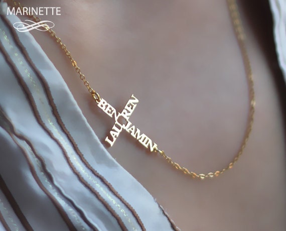 Sideways name cross necklace - personalized with names - 18K gold plated sterling silver - Expedited shipping