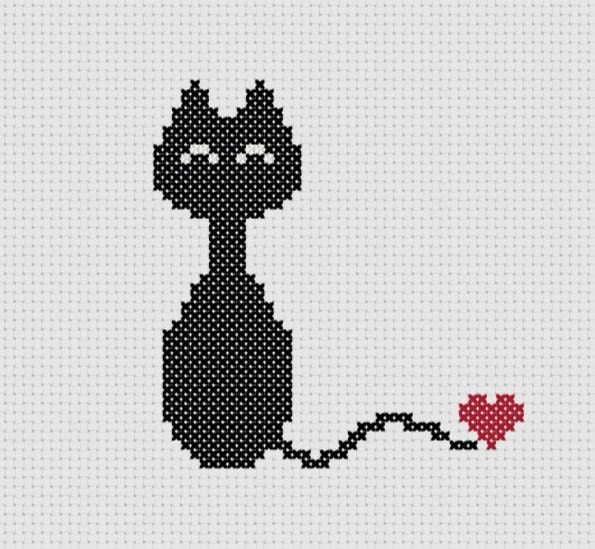 Cat Love Cross Stitch (Printable PDF Pattern) - Immediate Download from Etsy - Cute Black Cat / Kitten / Kitty