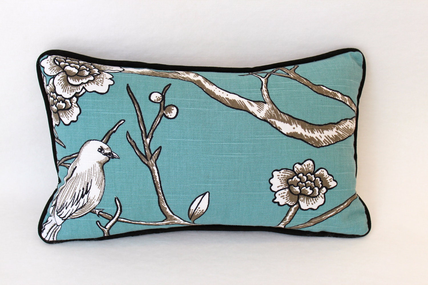 Teal Lumbar Pillow Cover in Bird Fabric on Both Sides and Black Piping
