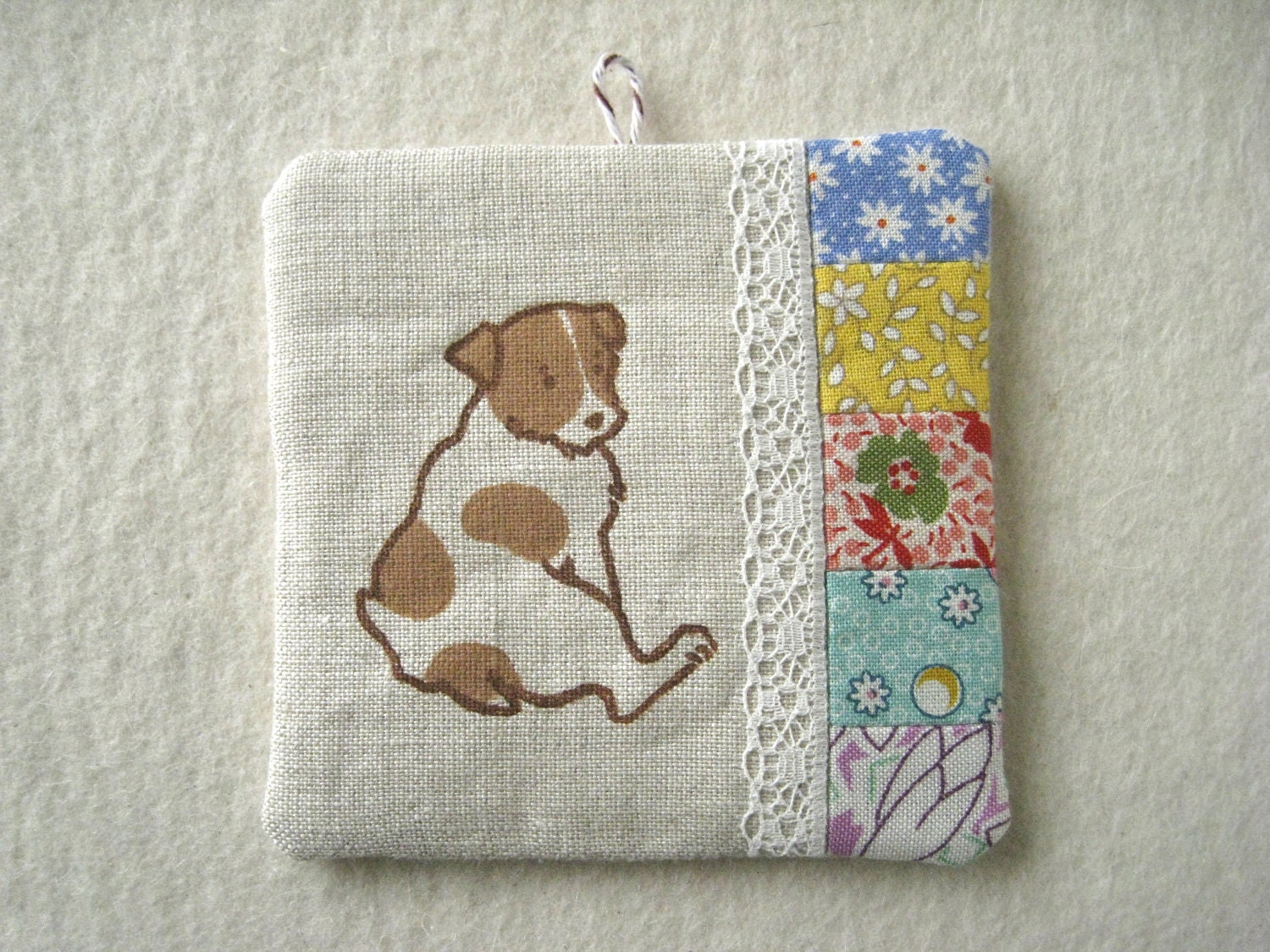 PATCHWORK WALL HANGING - hand lino printed Jack Russell Terrier
