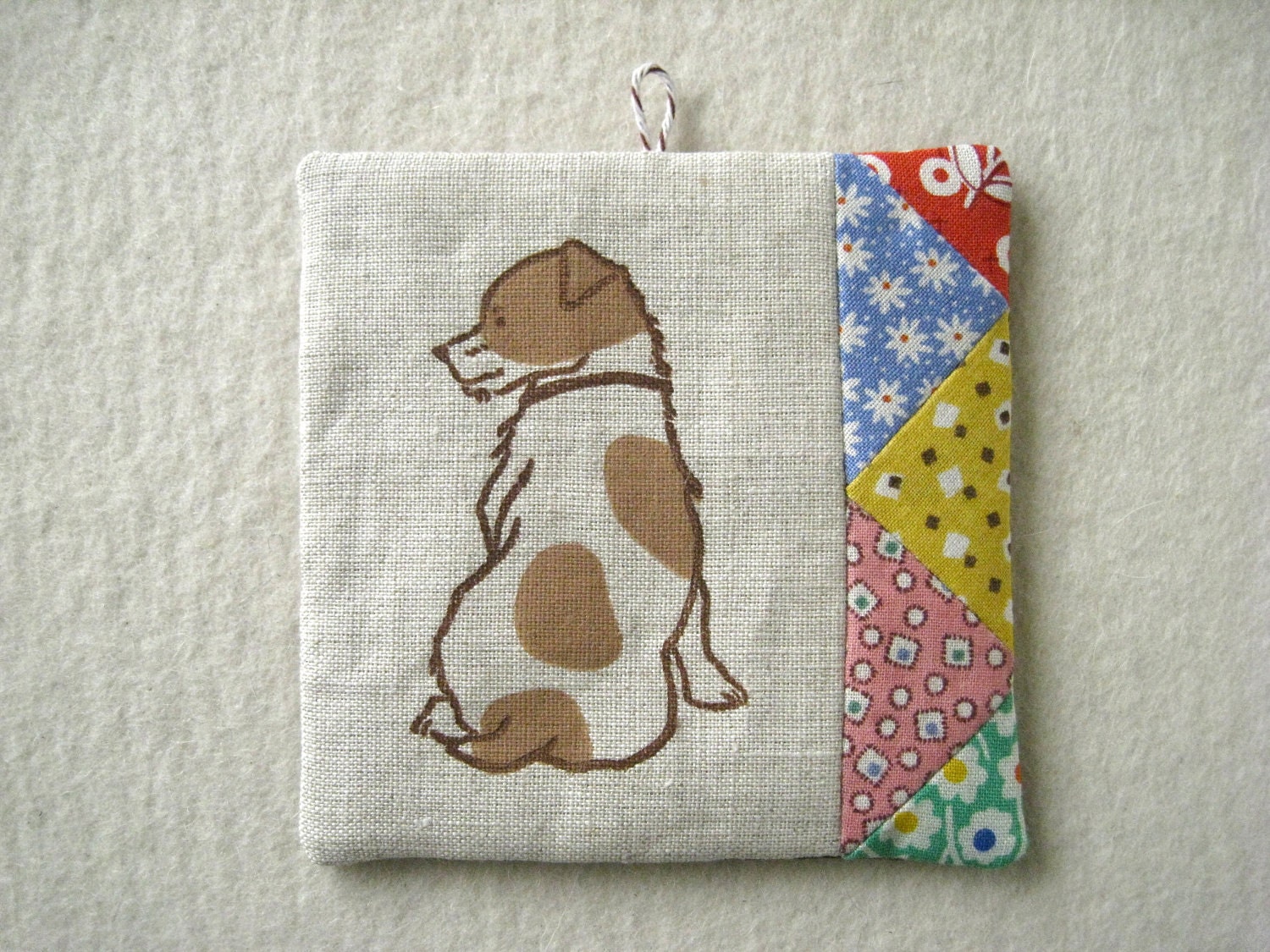PATCHWORK WALL HANGING - hand lino printed Jack Russell Terrier