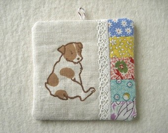 PATCHWORK WALL HANGING - hand lino printed Jack Russell Terrier