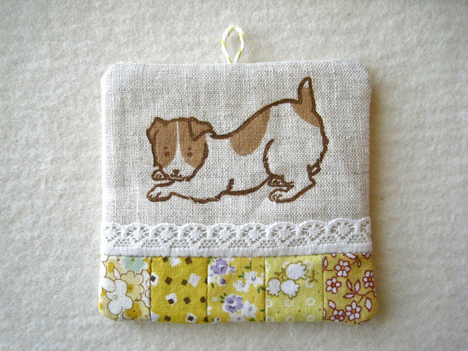 PATCHWORK WALL HANGING - hand lino printed Jack Russell Terrier, shade of yellow