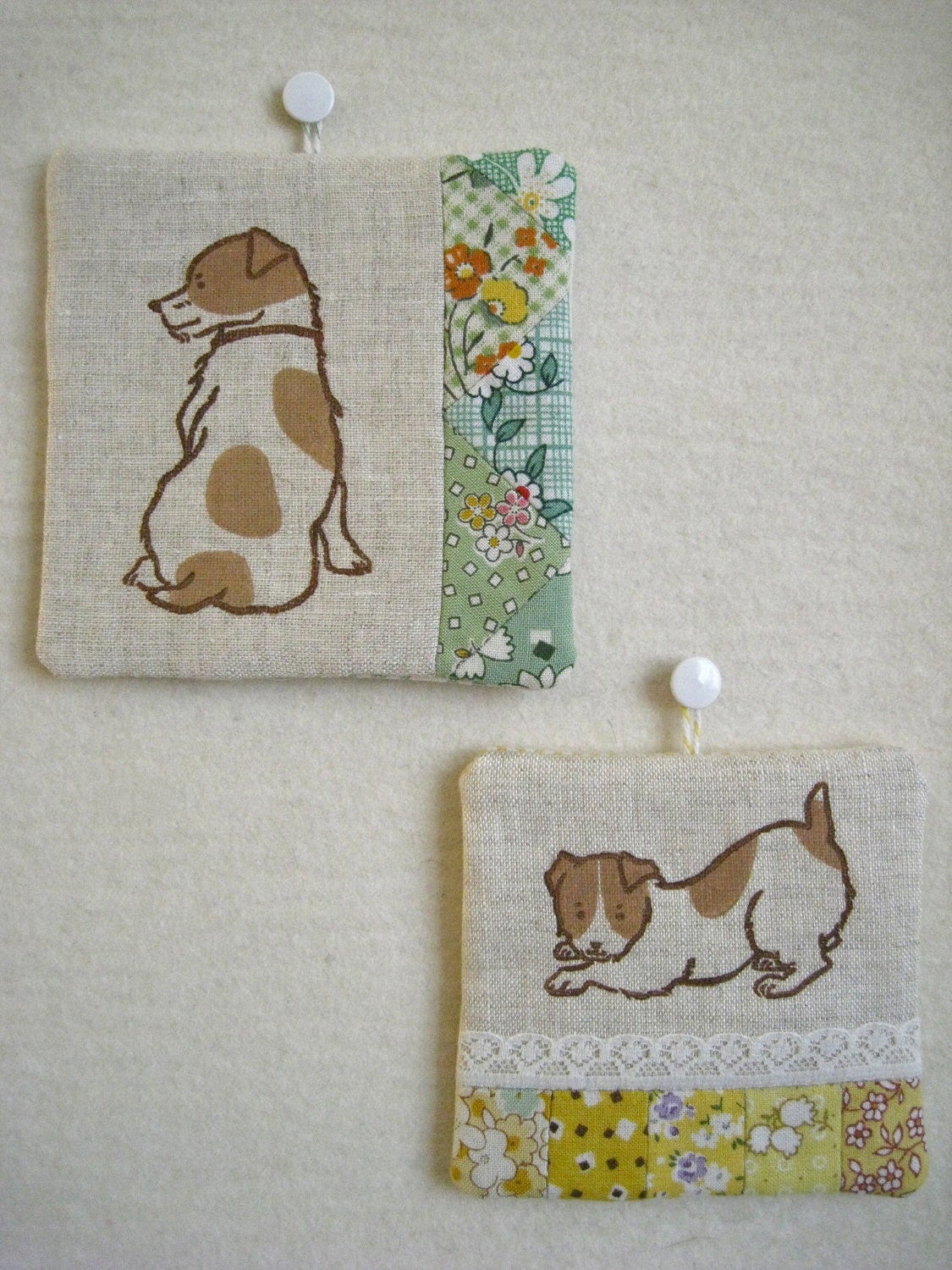 PATCHWORK WALL HANGING - hand lino printed Jack Russell Terrier, shade of green