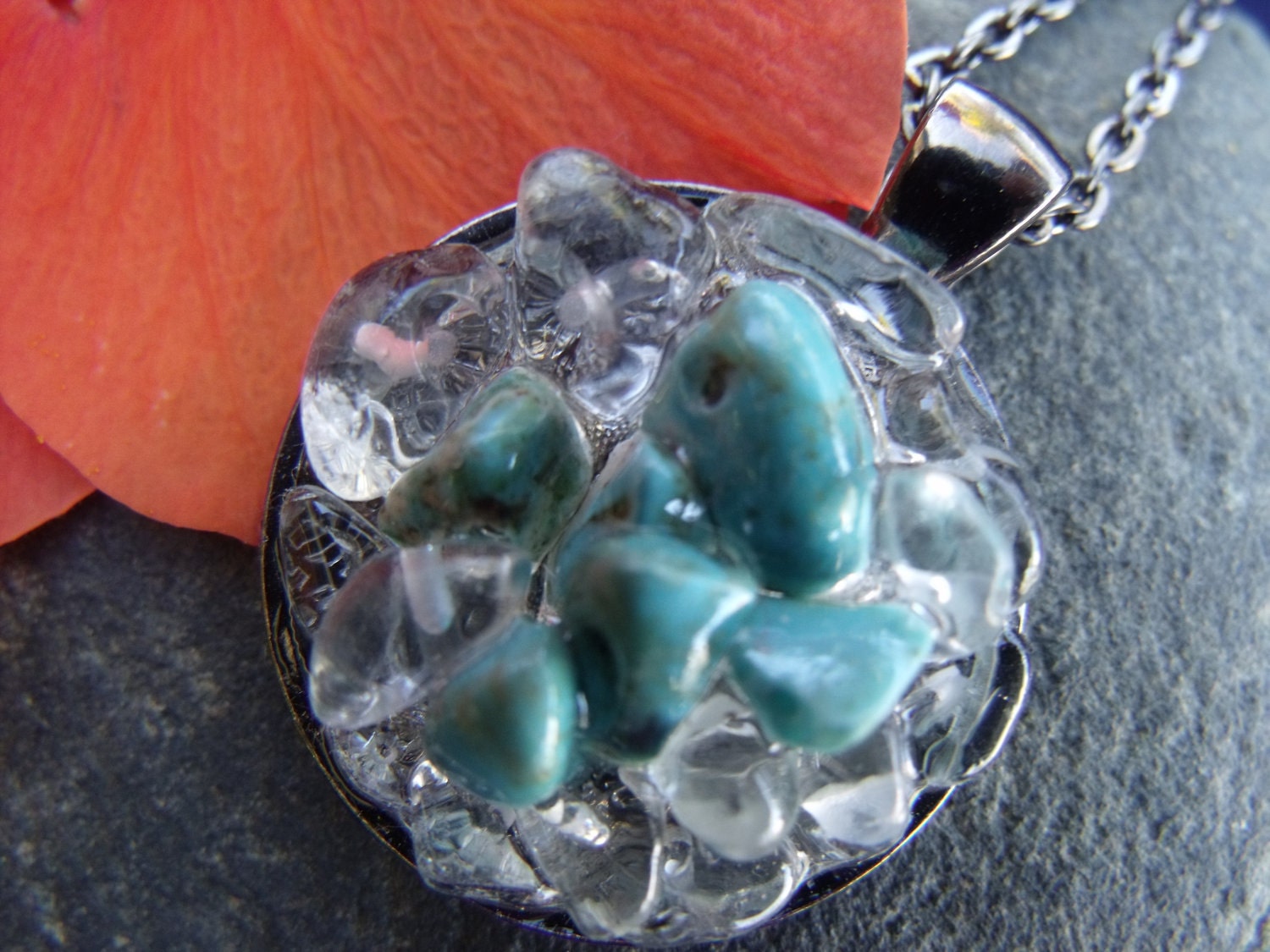 Turquoise and Clear Quartz  Crystal Necklace