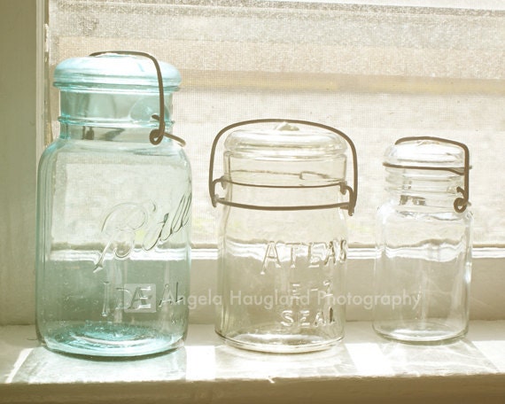 Antique Mason Jar Home Decor - Fine Art Photography - 5 x 7 print - Blue Jar - Sunny Kitchen Decor - "Jars of the Past"