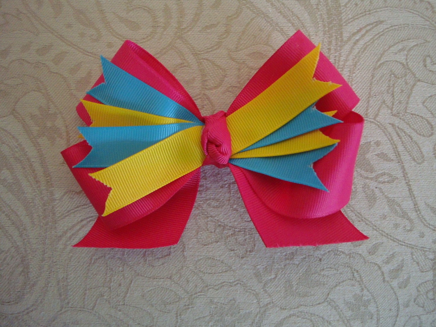Hot Pink, Yellow and Turquoise Spike Bow Il_570xn