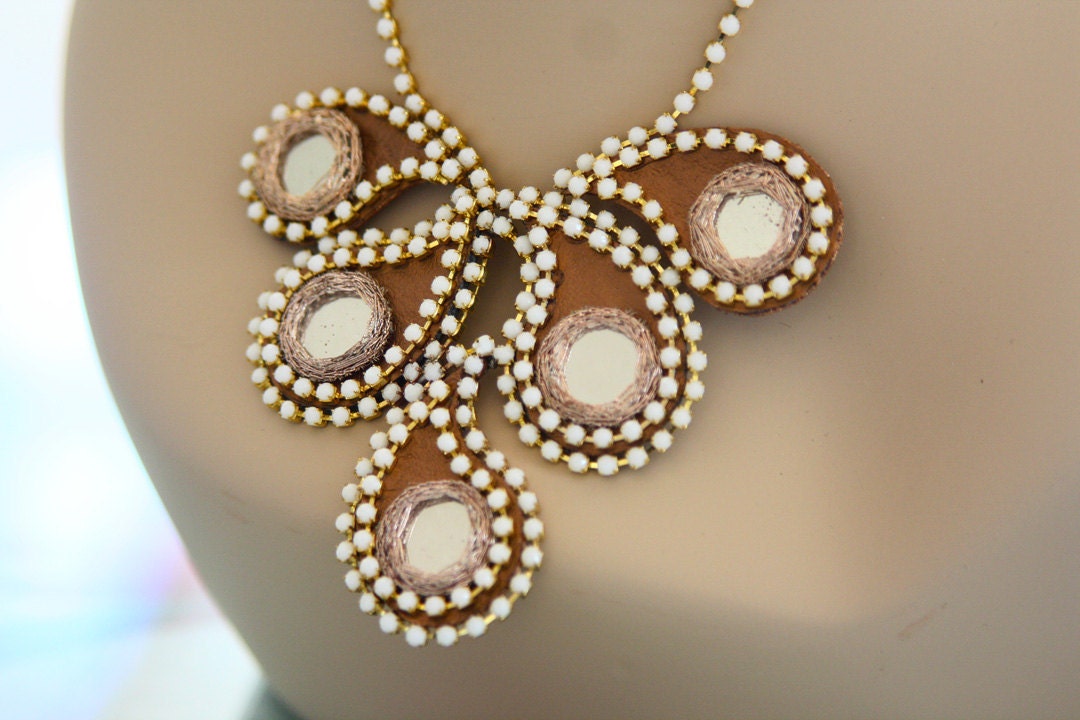 Mirror, Leather, Rhinestone Indian Henna Inspired Paisley Necklace