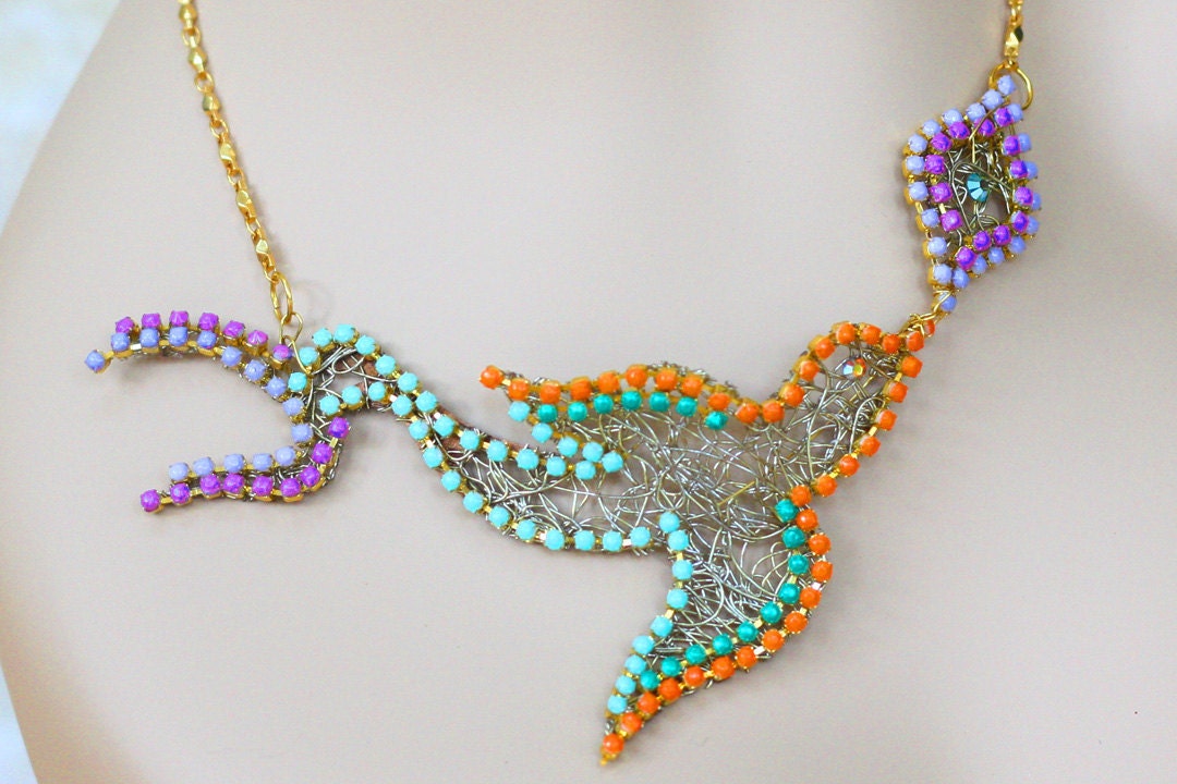 Persian Bird Rhinestone Necklace in Mint, Tangerine, Lavender, Gold