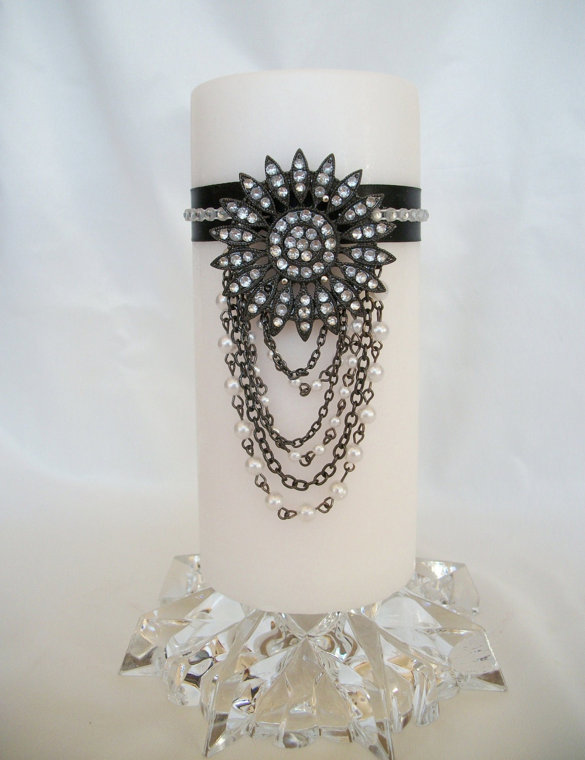 Decorative Scented White Pillar Candle, Rhinestone & Pearl Medallion, Rhinestone Chain, Black Satin Ribbon