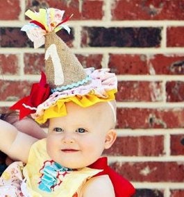 HAPPY BIRTHDAY Party Hat made of burlap and fabric.