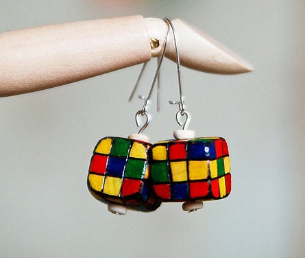 Rubiks Cube Wooden Earrings - Colorful Dangle Earrings - Hand-Painted Pyrography Wood Jewelry