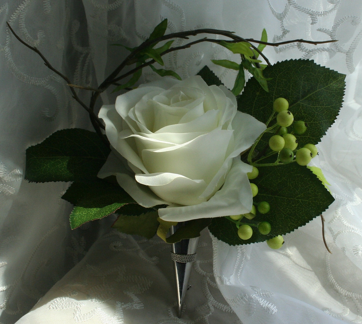 White Boutonniere Corsage - Rose Wedding Boutonniere with Willow and Green Berries in Elegant Silver Pin - Boxed and Ready to Gift