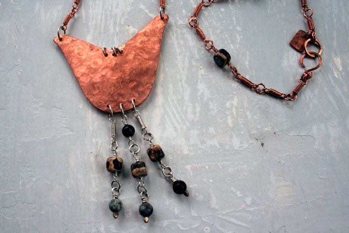 Handcrafted Copper Necklace,  Long, Pounded Copper Pendant, Silver Accents, Gemstone Beads, Handmade Chain and Clasp