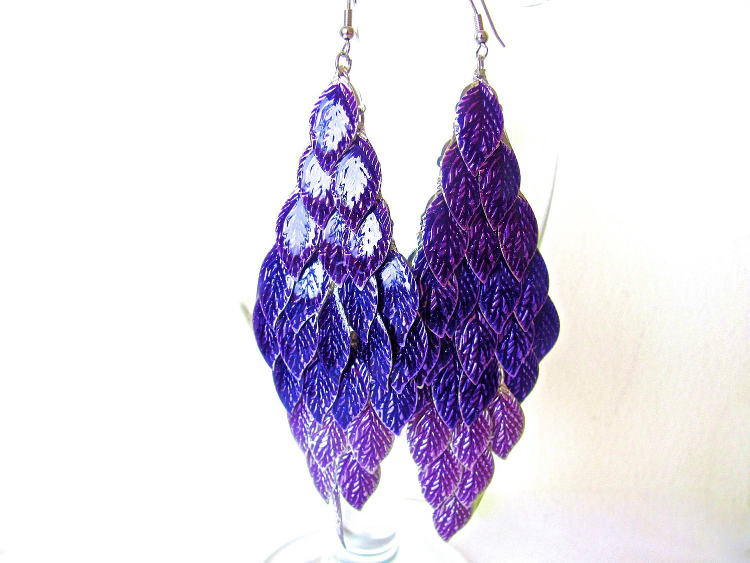 Purple Earrings, Chandelier Earrings, Amethyst Earrings, Dangle, Long Metal Earrings, Enamel Earrings, Grape Bunch, Purple, Lavender