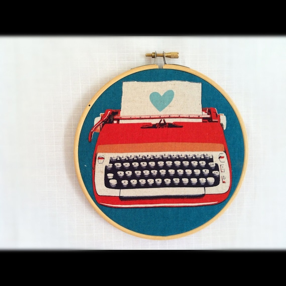 Retro Typewriter Fabric by Melody Miller "Ruby Star Rising" in Embroidery Hoop Wall Art Vintage