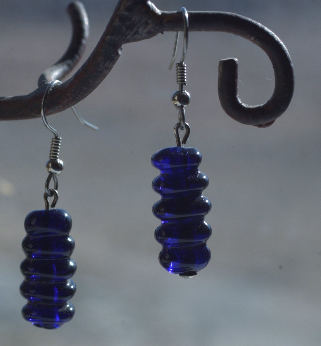 Cobalt Blue Glass Dangle Earrings with Silver Ear Wires