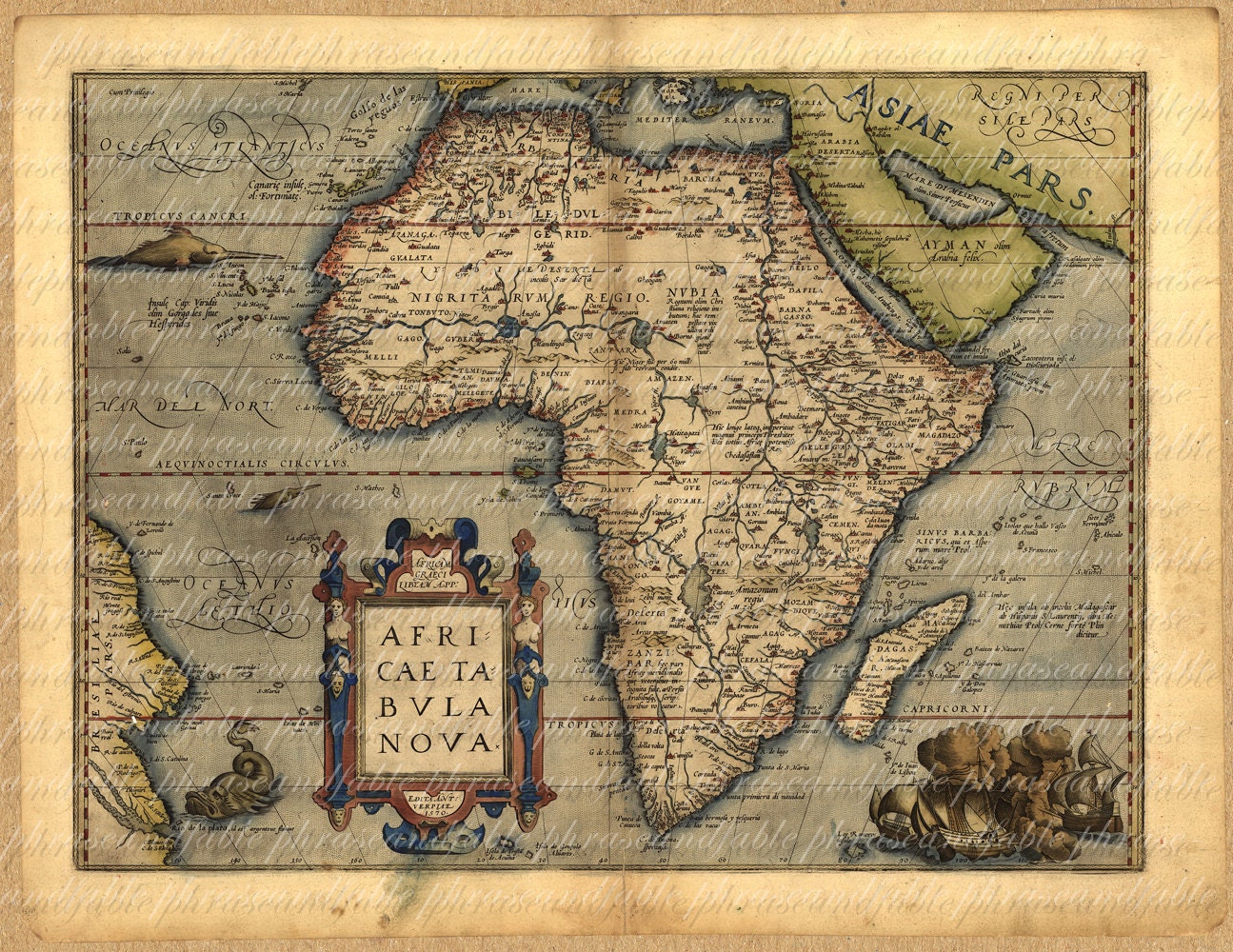 Map Of Africa From The 1500s 034 Ancient Old World Cartography Exploring Safari Sailing Vintage Digital Image Download - phraseandfable